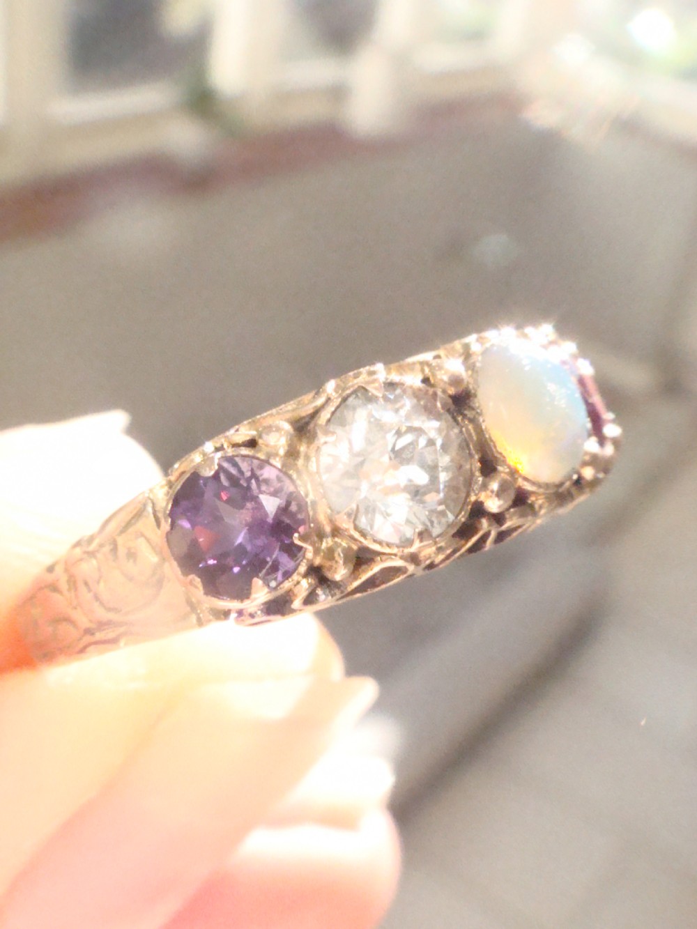 VICTORIAN 15CT YELLOW GOLD ADORE AMETHYST DIAMOND OPAL RUBY EMERALD 5 STONE RING View IX