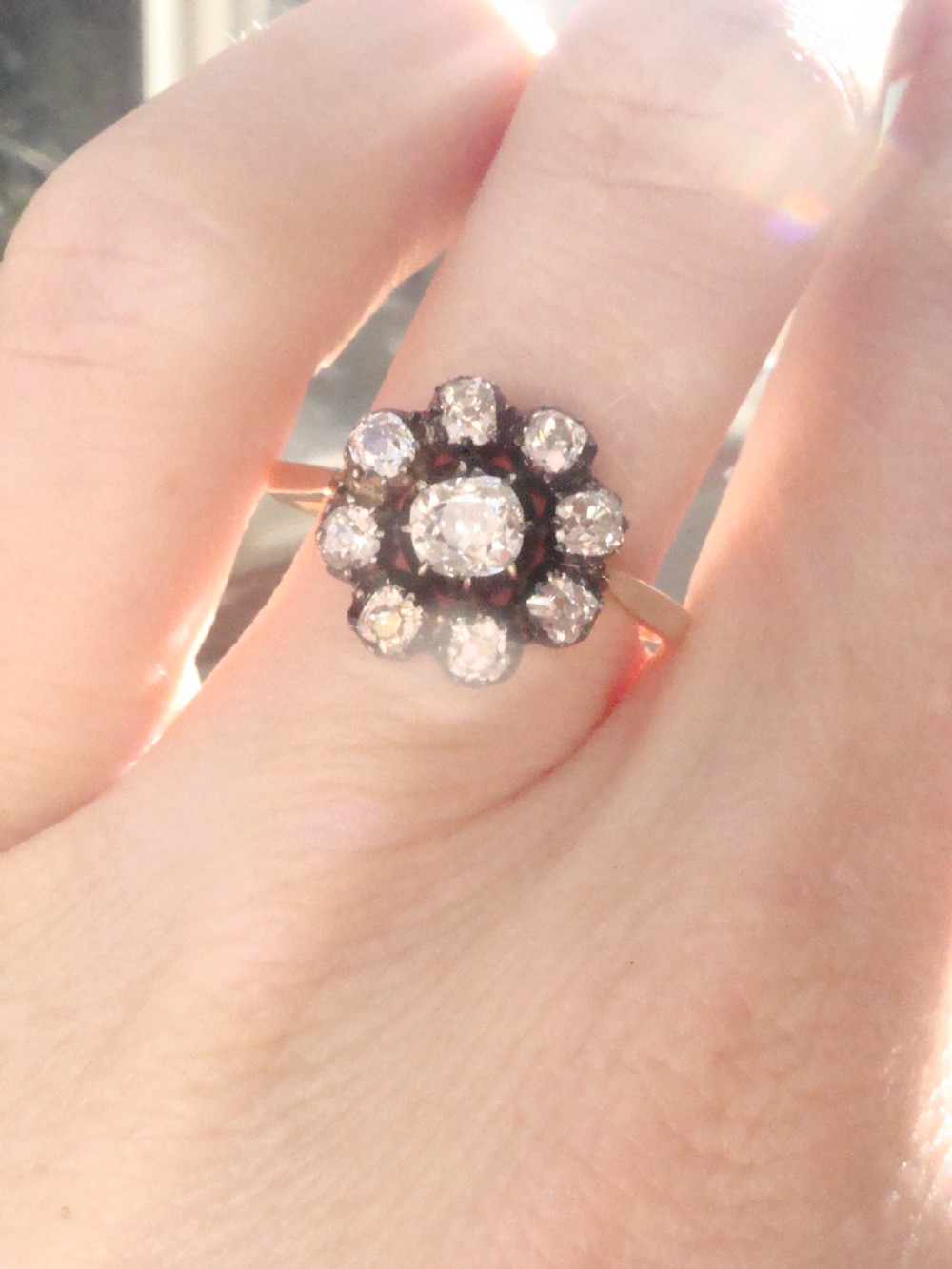 A Victorian 18ct yellow gold cluster ring featuring old mine cut diamonds arranged in a floral formation. View VII