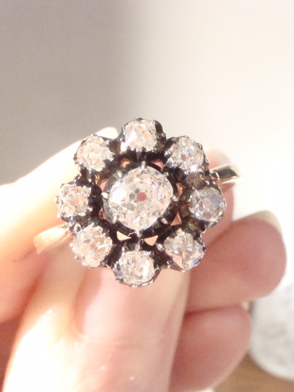 A Victorian 18ct yellow gold cluster ring featuring old mine cut diamonds arranged in a floral formation. View VIII