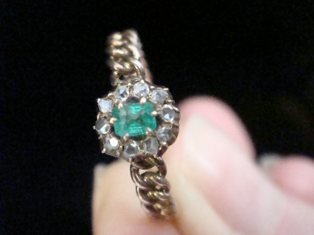 Victorian 18ct yellow gold old rose mine cut diamond and emerald cluster ring View IV