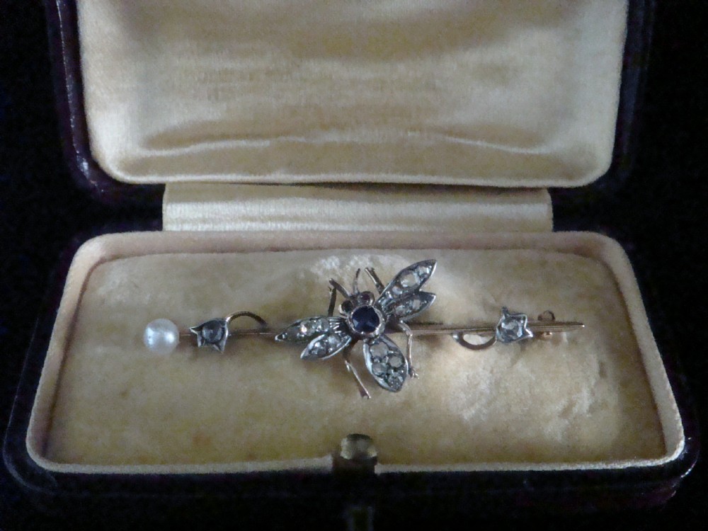 ORIGINAL EDWARDIAN 18CT ROSE CUT DIAMOND RUBY SAPHIRE PEARL INSECT BEE BROOCH