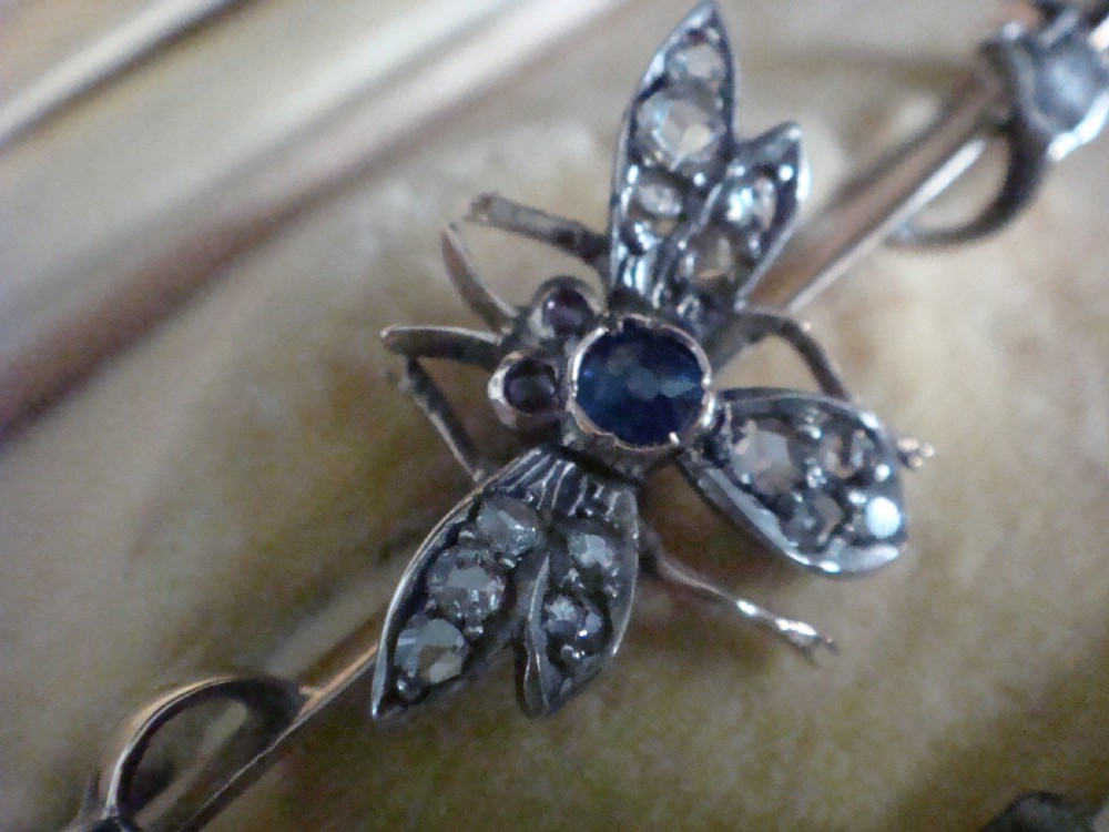 ORIGINAL EDWARDIAN 18CT ROSE CUT DIAMOND RUBY SAPHIRE PEARL INSECT BEE BROOCH View IV