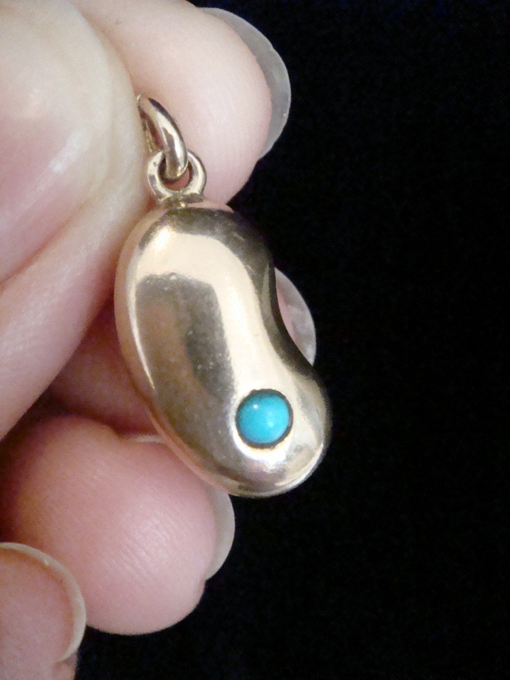 Original Edwardian 9ct yellow gold turquoise bean pendant- no dents, perfect View II