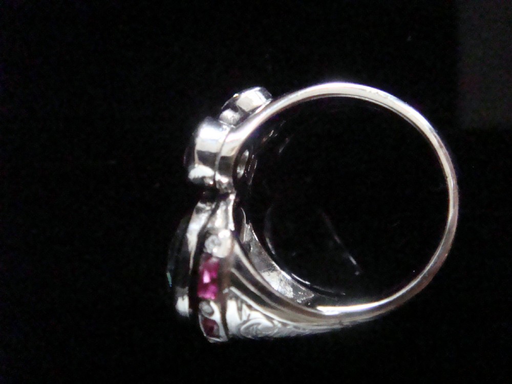 ART DECO 1920S PLATINUM NATURAL BLUE ZIRCON 3ct  RUBY DIAMOND 1.40ct COCKTAIL RING View II