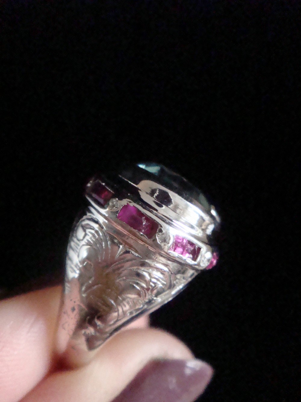 ART DECO 1920S PLATINUM NATURAL BLUE ZIRCON 3ct  RUBY DIAMOND 1.40ct COCKTAIL RING View III