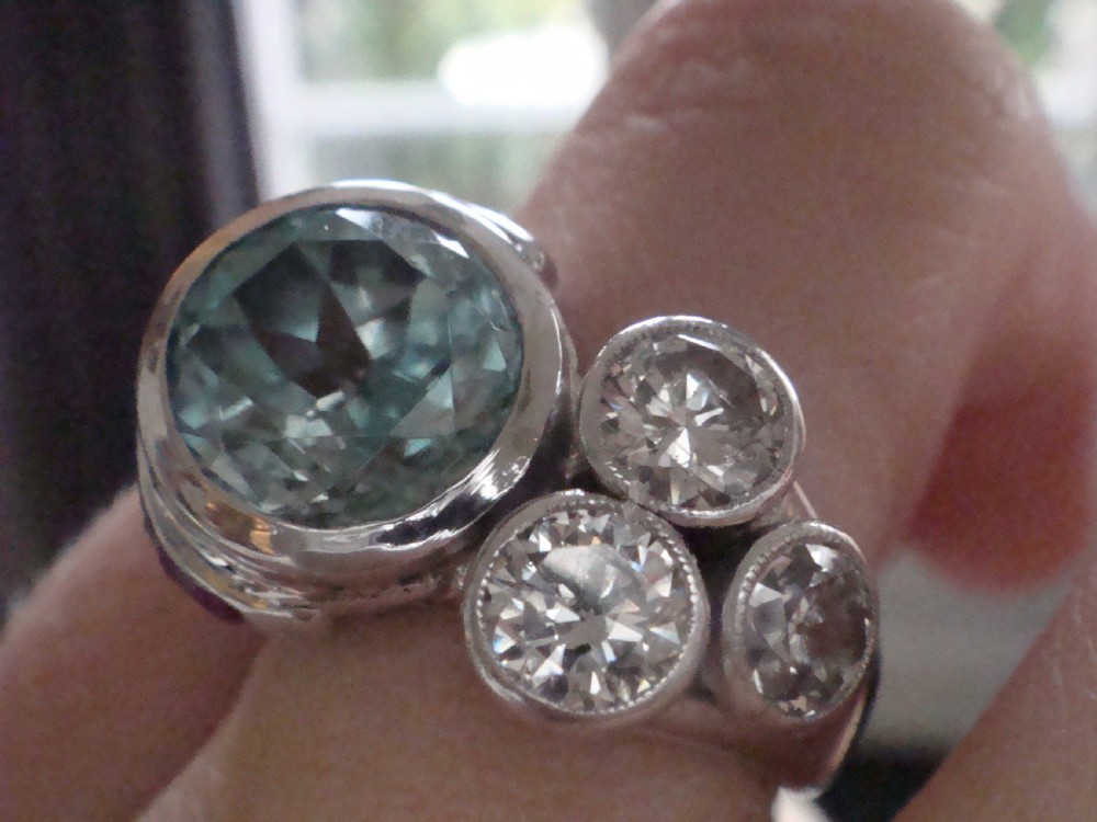ART DECO 1920S PLATINUM NATURAL BLUE ZIRCON 3ct  RUBY DIAMOND 1.40ct COCKTAIL RING View VI