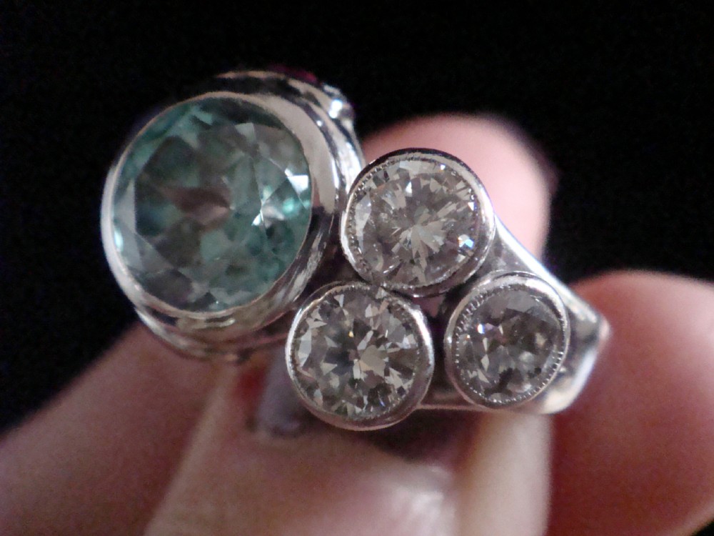 ART DECO 1920S PLATINUM NATURAL BLUE ZIRCON 3ct  RUBY DIAMOND 1.40ct COCKTAIL RING View VII