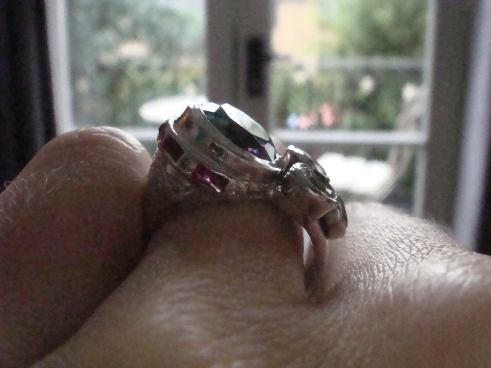 ART DECO 1920S PLATINUM NATURAL BLUE ZIRCON 3ct  RUBY DIAMOND 1.40ct COCKTAIL RING View VIII
