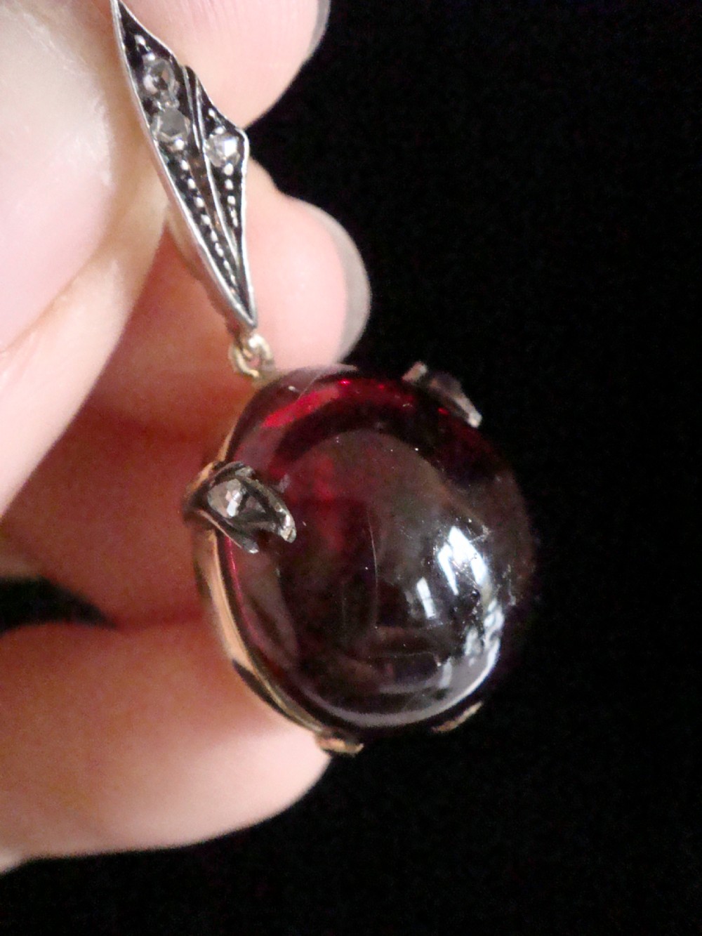 VICTORIAN HIGH CARAT 15CT LARGE CABOCHON GARNET ROSE CUT DIAMOND PENDANT 7.1G
