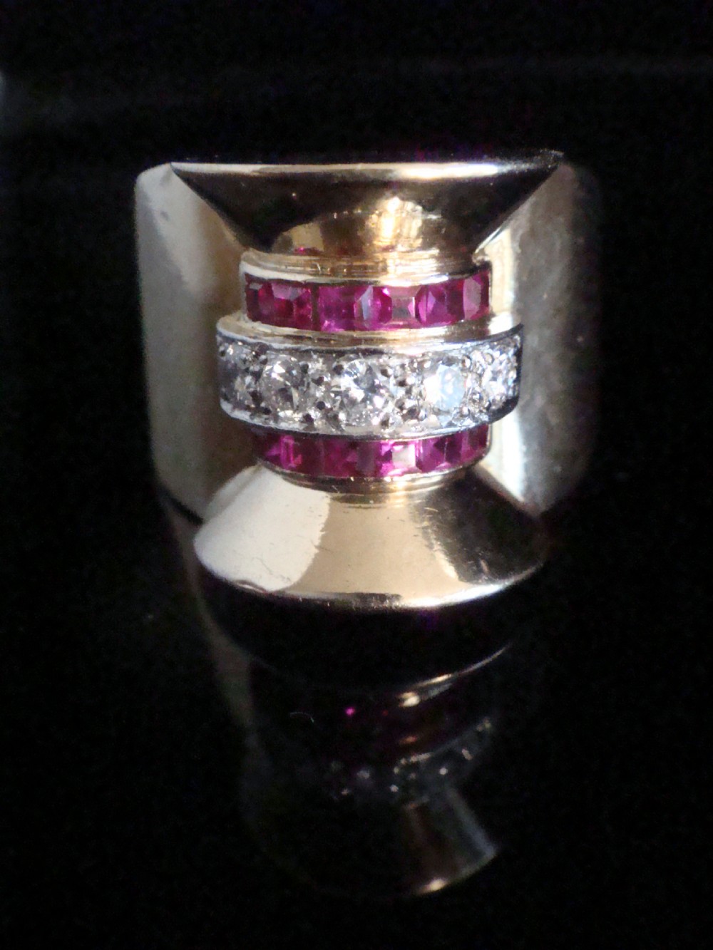 LARGE 1920s- 1940s FRENCH TANK 18CT PLATINUM RUBY DIAMOND SET RING