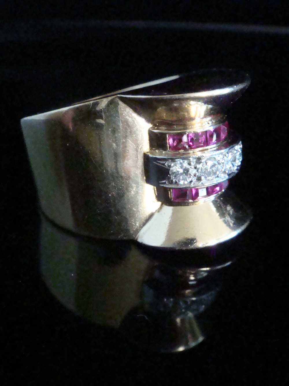 LARGE 1920s- 1940s FRENCH TANK 18CT PLATINUM RUBY DIAMOND SET RING View II