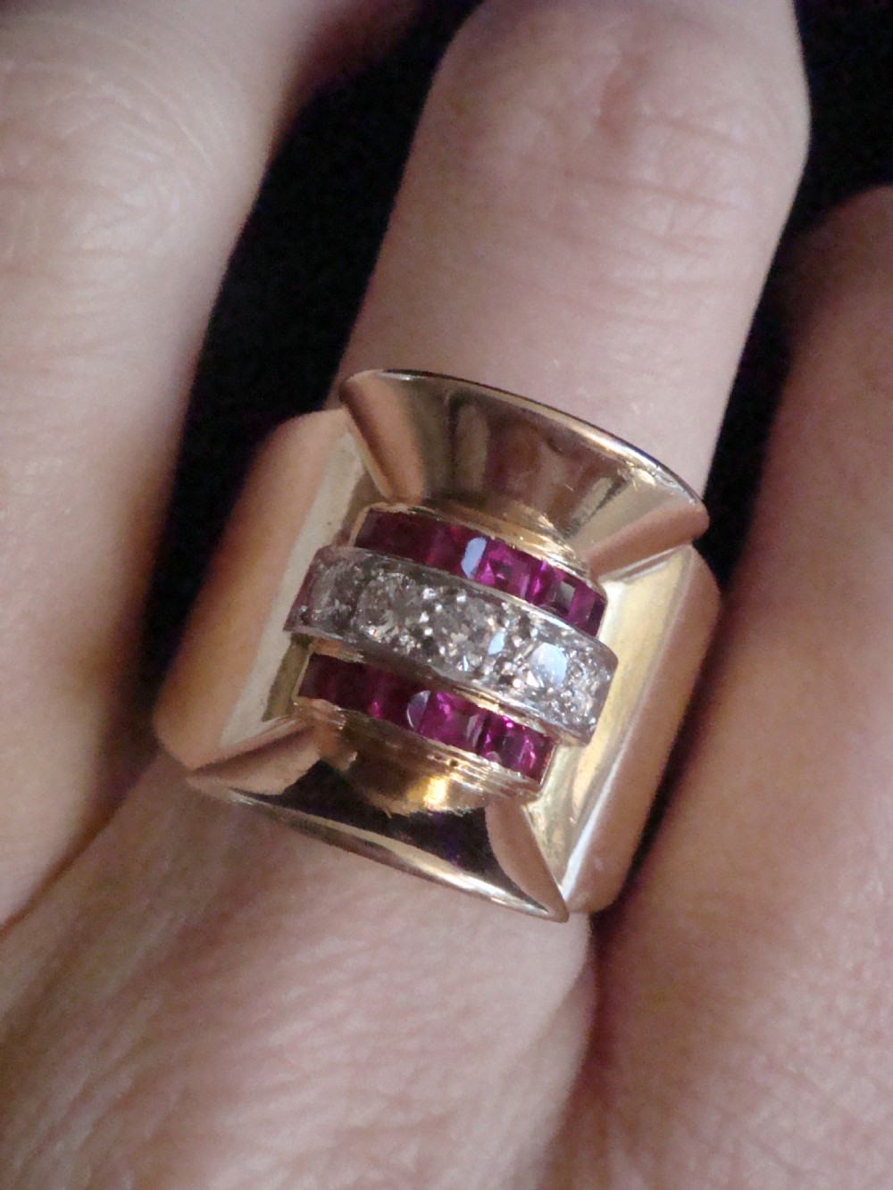 LARGE 1920s- 1940s FRENCH TANK 18CT PLATINUM RUBY DIAMOND SET RING View III