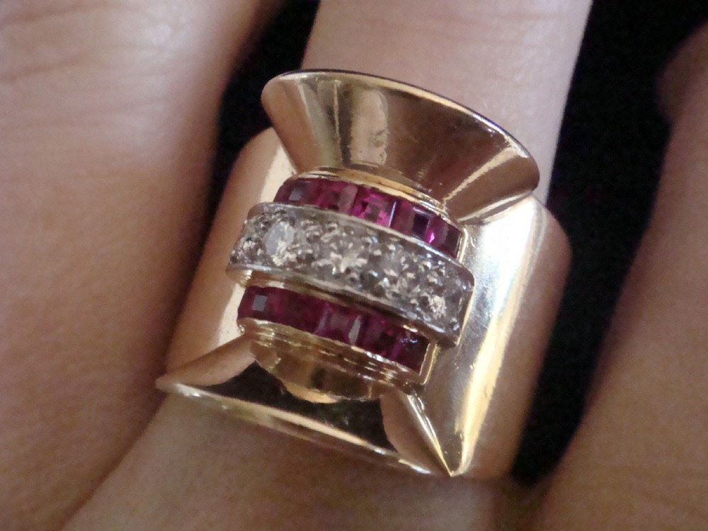 LARGE 1920s- 1940s FRENCH TANK 18CT PLATINUM RUBY DIAMOND SET RING View IV