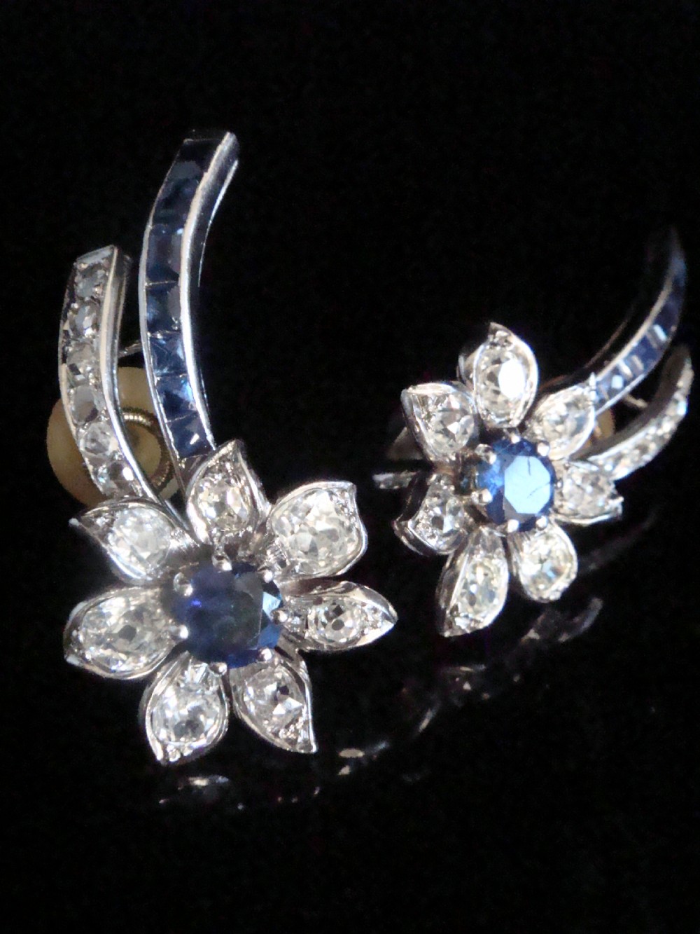 ART DECO 1920 18CT WHITE GOLD PLATINUM SAPPHIRE DIAMOND CLIP EARRINGS 2.30ct 