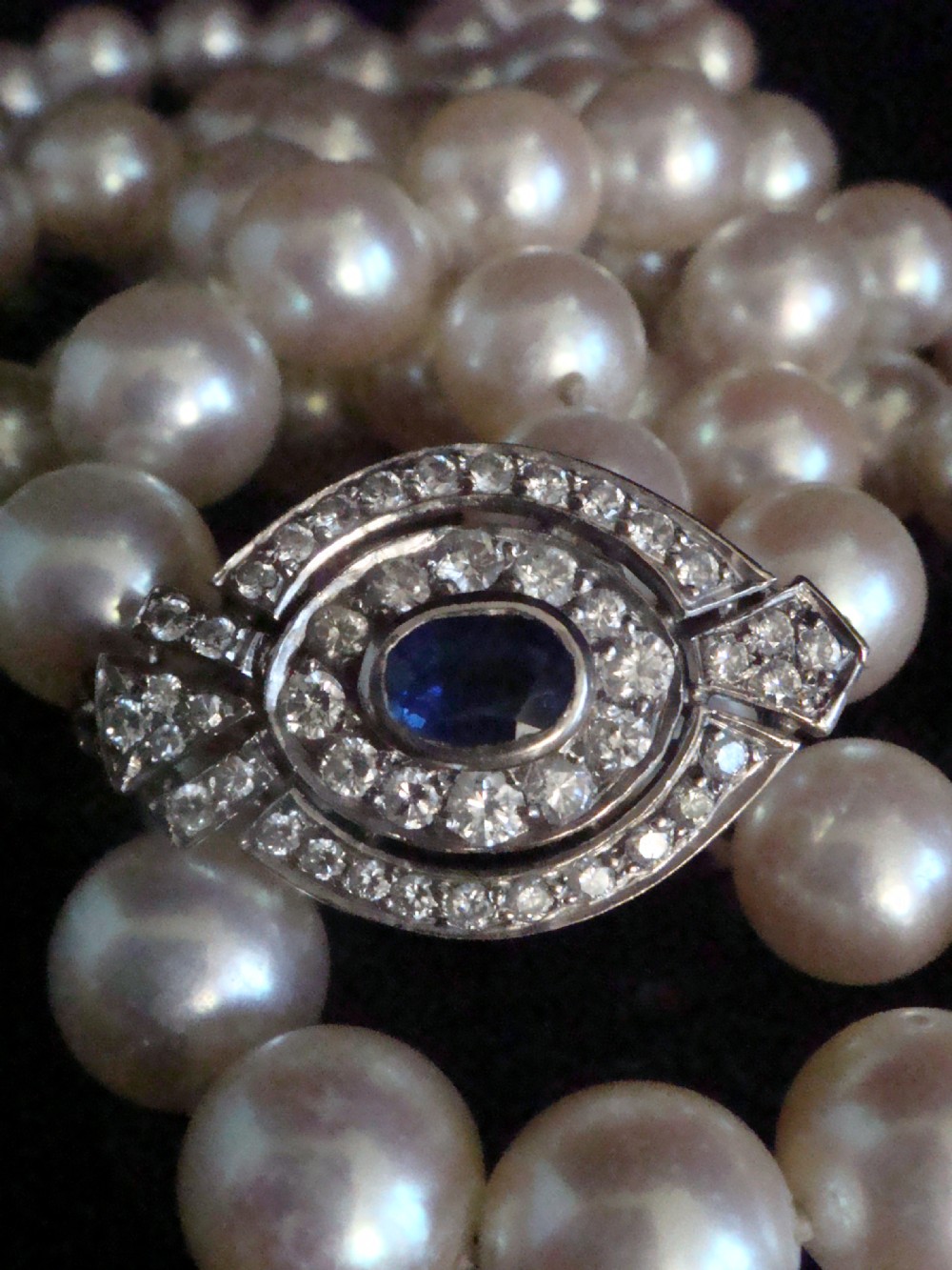 ANTIQUE ART DECO LONG 18CT SAPPHIRE DIAMOND 9MM CULTURED PEARL NECKLACE 31