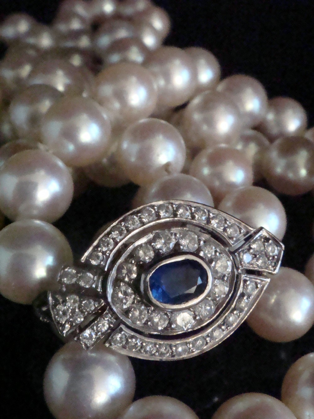 ANTIQUE ART DECO LONG 18CT SAPPHIRE DIAMOND 9MM CULTURED PEARL NECKLACE 31