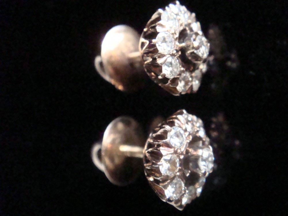 EDWARDIAN 18CT YELLOW GOLD ORIGINAL OLD CUT DIAMOND 1.00CT CLUSTER EARRINGS View II