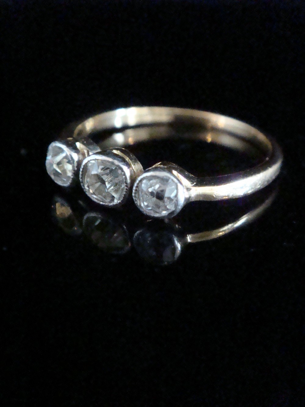 Edwardian 18ct yellow gold platinum old cut diamond 3 stone ring approx 0.60ct
 View II