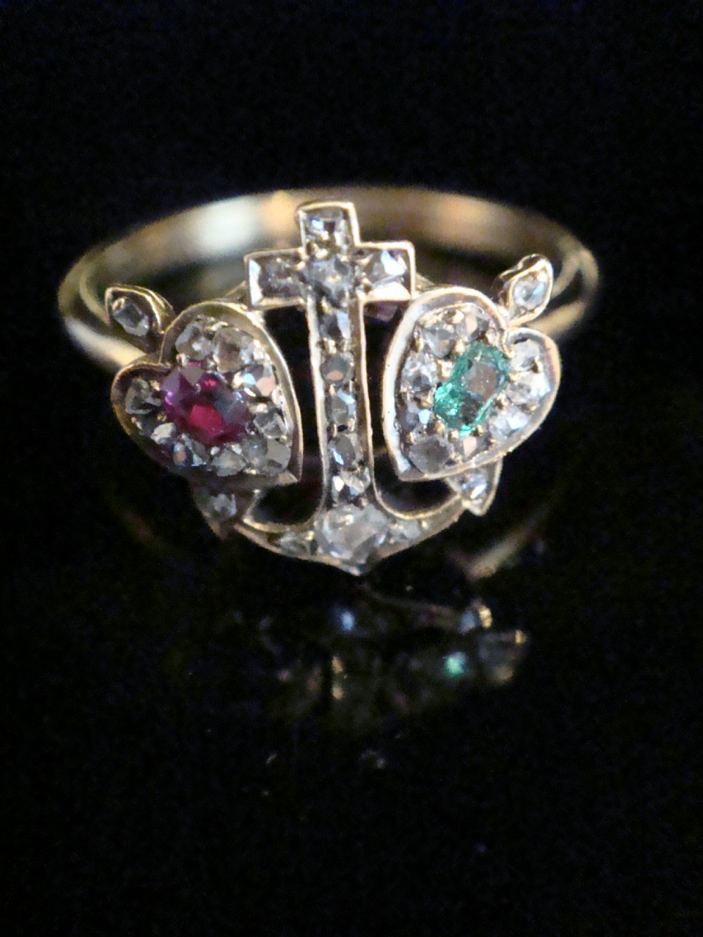 Victorian 18ct Natural Ruby emerald sweetheart anchor old cut diamond heart ring