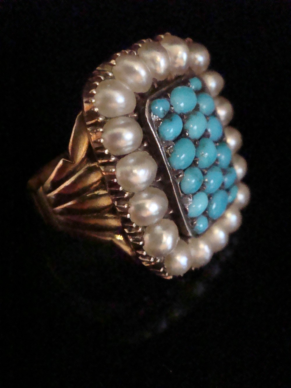Large Georgian 15ct turquoise pearl memorial ring dated inscription 1817 View II