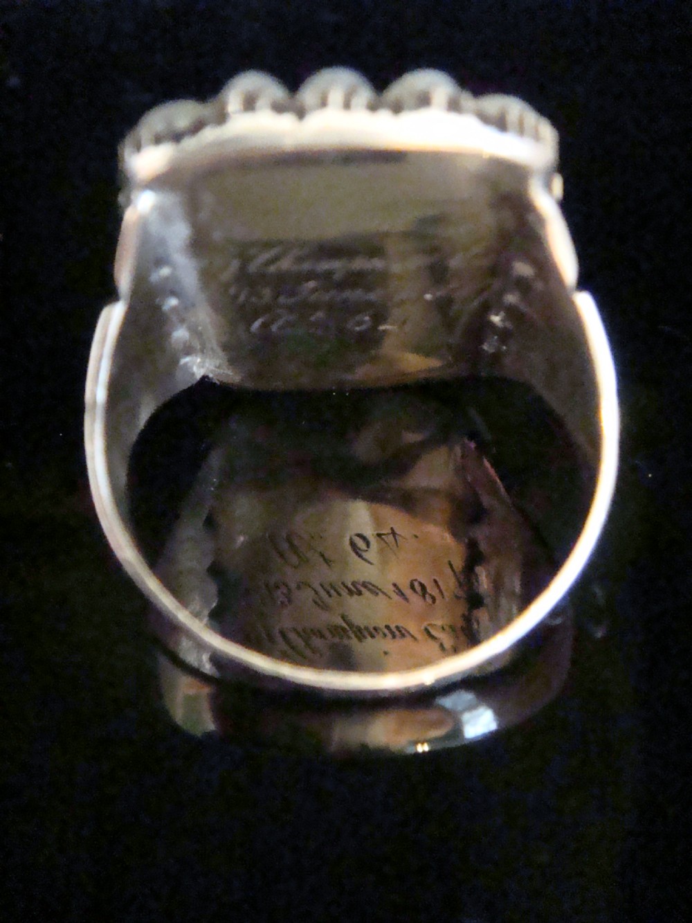Large Georgian 15ct turquoise pearl memorial ring dated inscription 1817 View III
