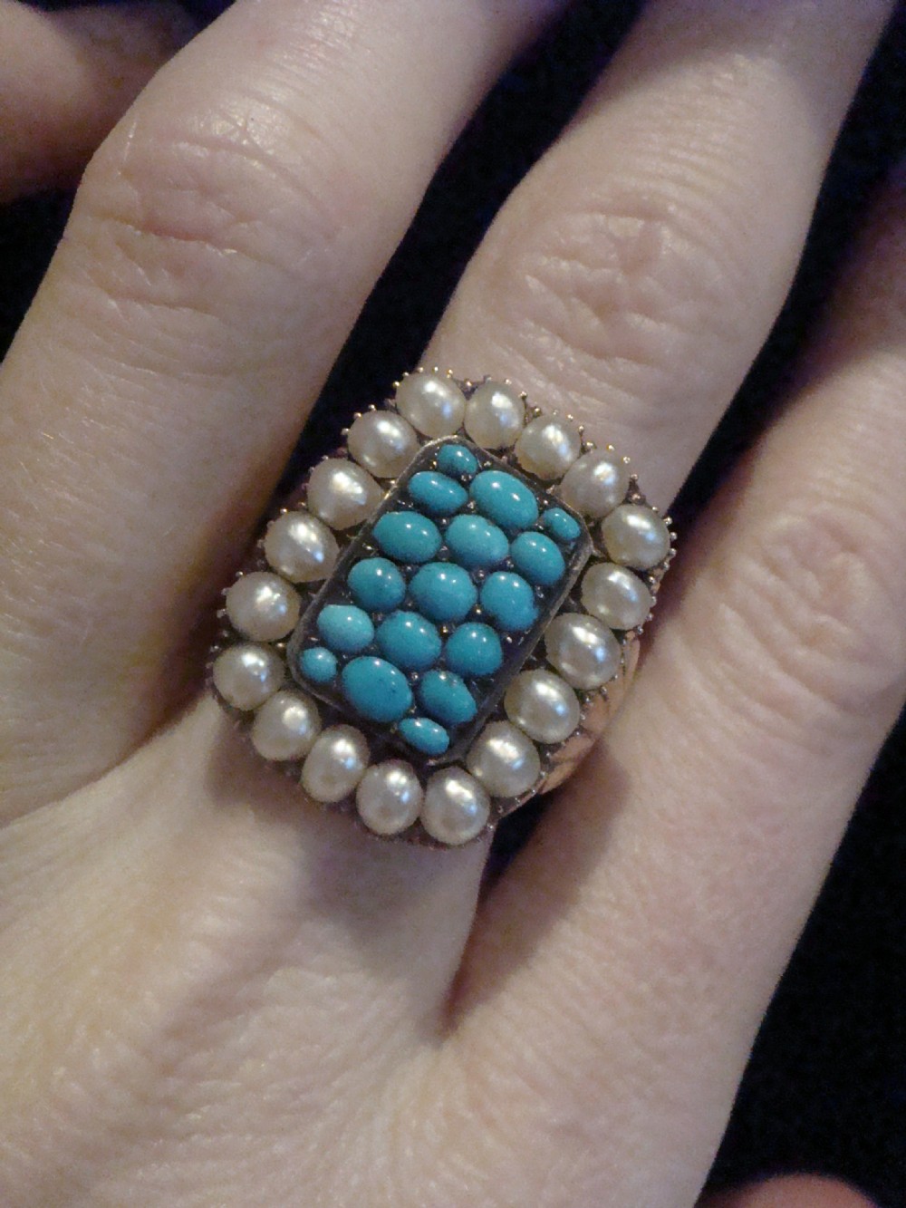 Large Georgian 15ct turquoise pearl memorial ring dated inscription 1817 View V