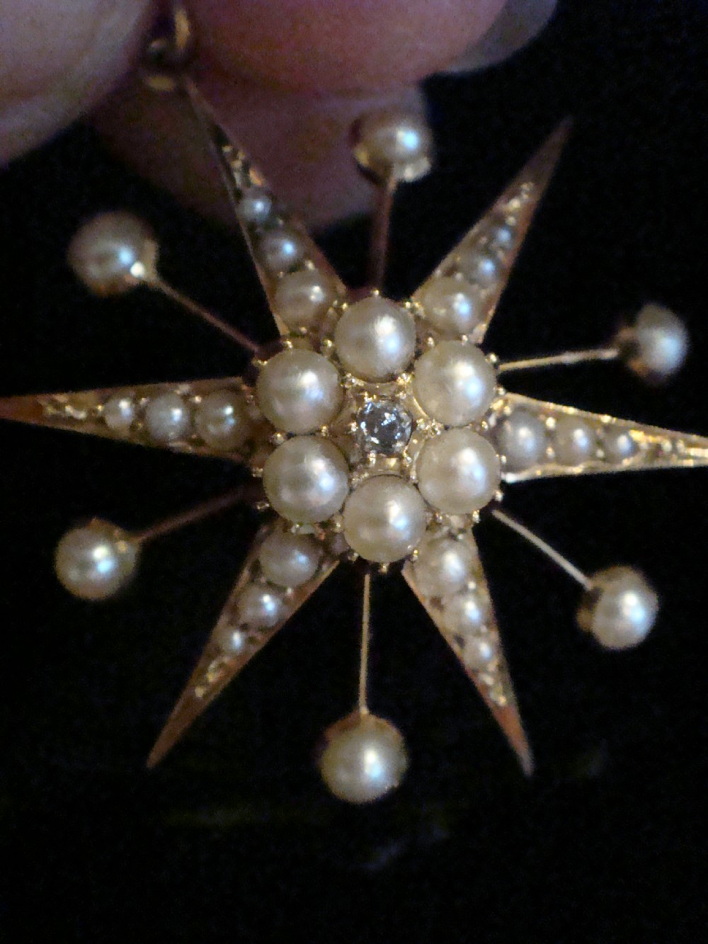 Victorian 15ct yellow gold seed pearl diamond celestial star starburst pendant View III