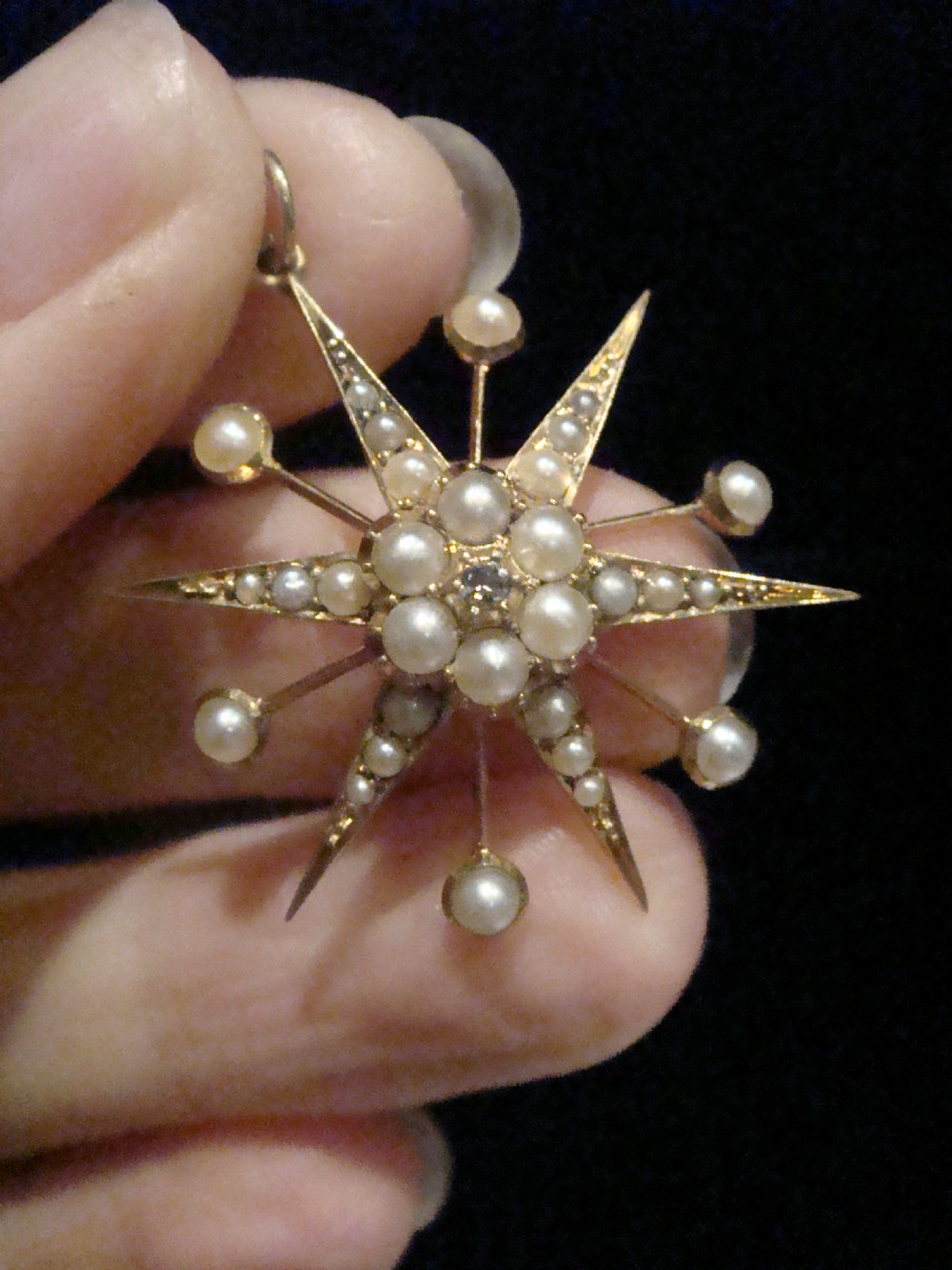 Victorian 15ct yellow gold seed pearl diamond celestial star starburst pendant View IV