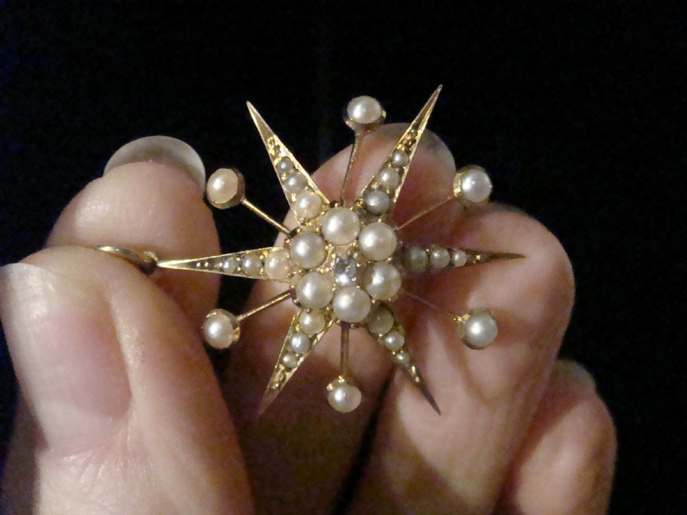 Victorian 15ct yellow gold seed pearl diamond celestial star starburst pendant View V