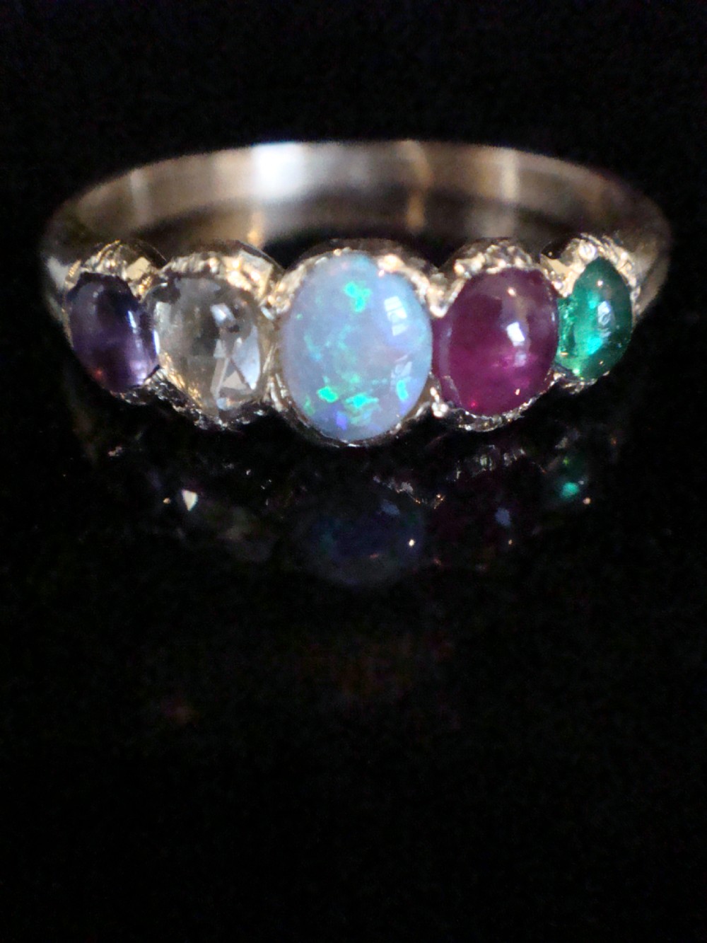 VICTORIAN 15ct ADORE amethyst diamond opal ruby emerald 5 stone ring