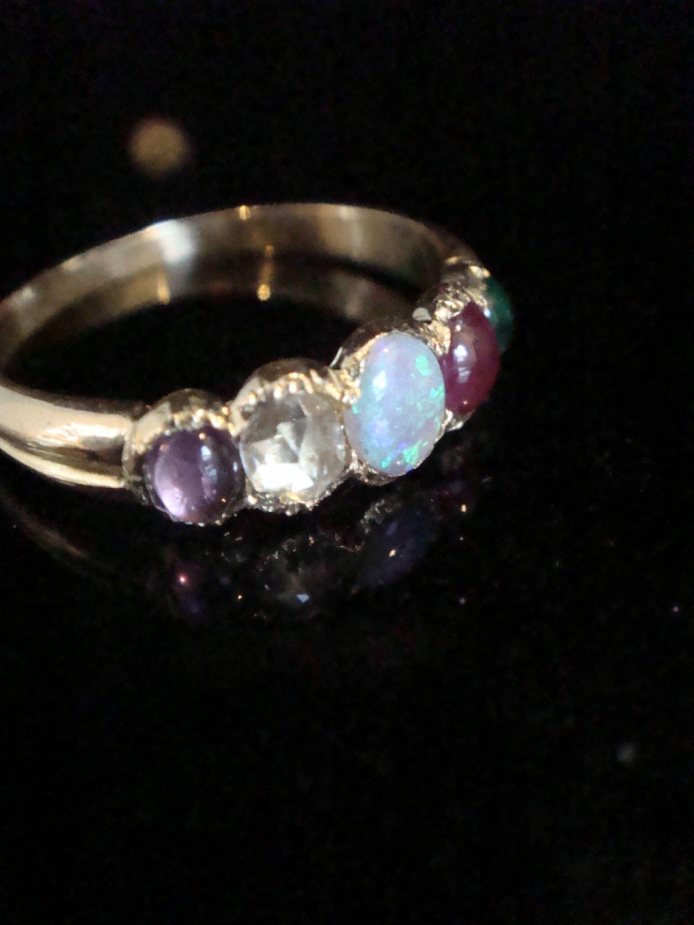 VICTORIAN 15ct ADORE amethyst diamond opal ruby emerald 5 stone ring View II