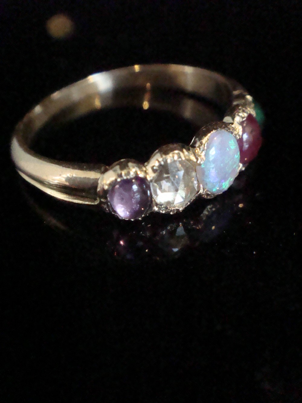 VICTORIAN 15ct ADORE amethyst diamond opal ruby emerald 5 stone ring View IV