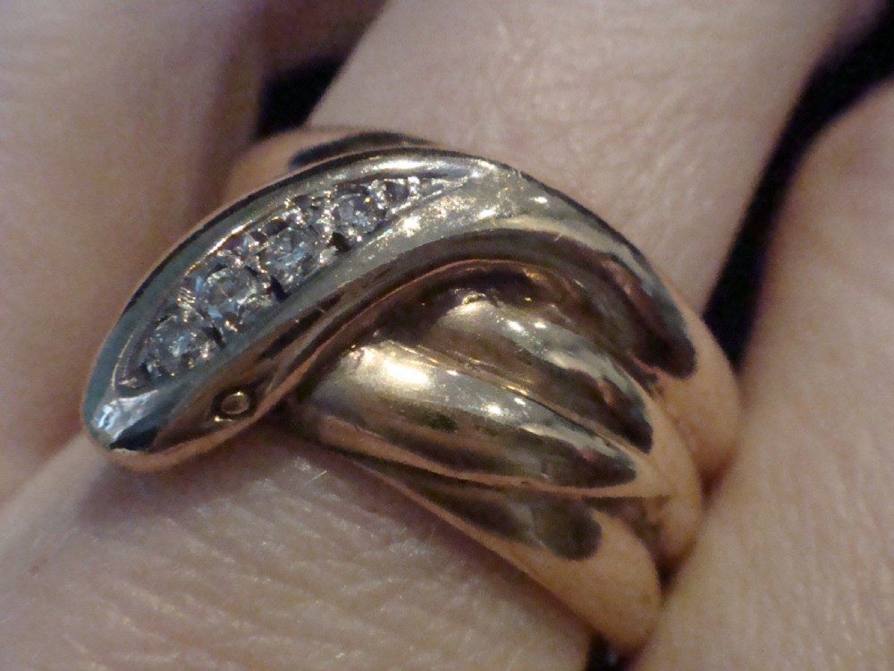 EDWARDIAN HEAVY THICK 9CT OLD CUT DIAMOND  SNAKE RING 9.1G RING SIZE Q-R View III