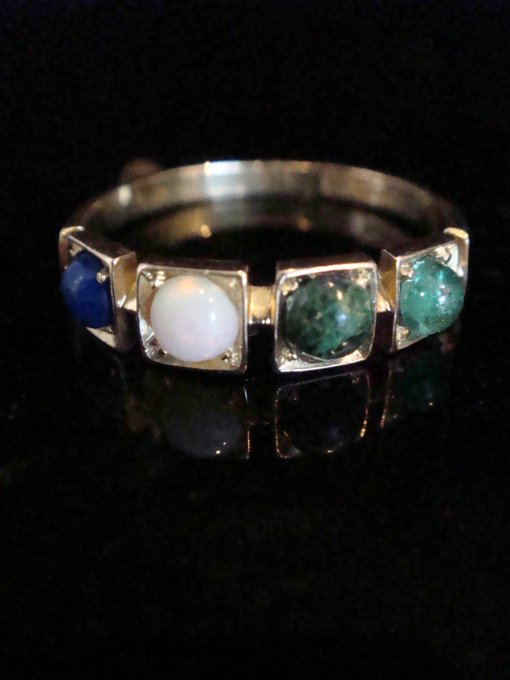 VICTORIAN 15ct LOVE ring Lapis, Opal, Vesuvianite and Emerald 4 stone ring