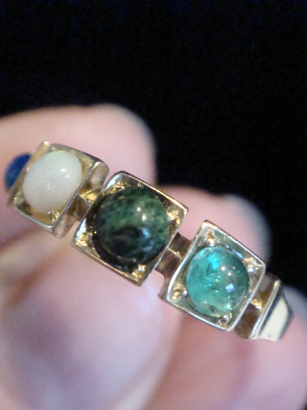 VICTORIAN 15ct LOVE ring Lapis, Opal, Vesuvianite and Emerald 4 stone ring View II
