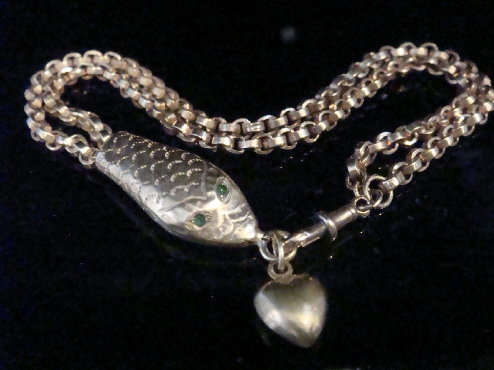 Edwardian 9ct rose gold ornate bracelet with snake and heart dog tag clasp 9.2g