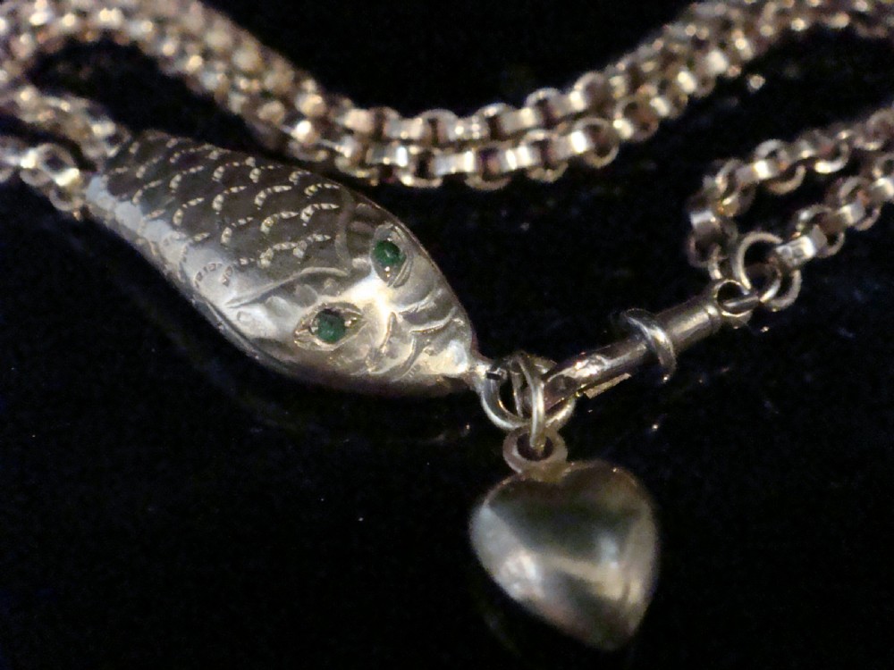 Edwardian 9ct rose gold ornate bracelet with snake and heart dog tag clasp 9.2g View II