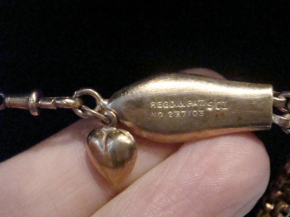 Edwardian 9ct rose gold ornate bracelet with snake and heart dog tag clasp 9.2g View V