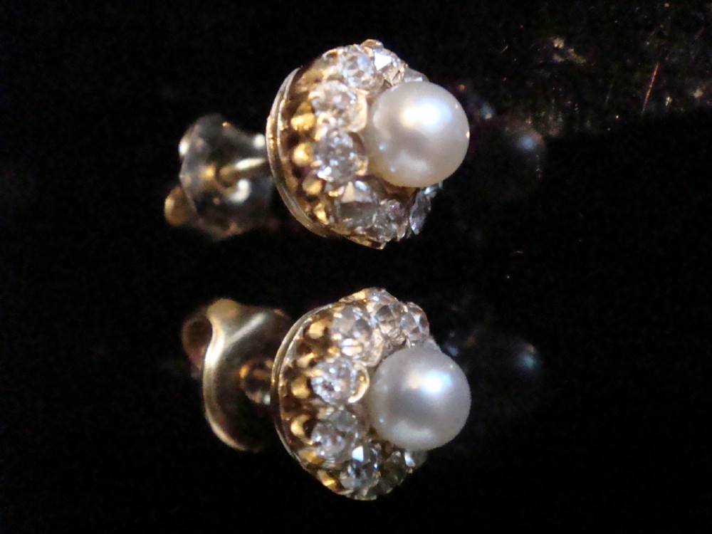 ORIGINAL EDWARDIAN 18CT YELLOW GOLD OLD CUT DIAMOND PEARL CLUSTER EARRINGS View II