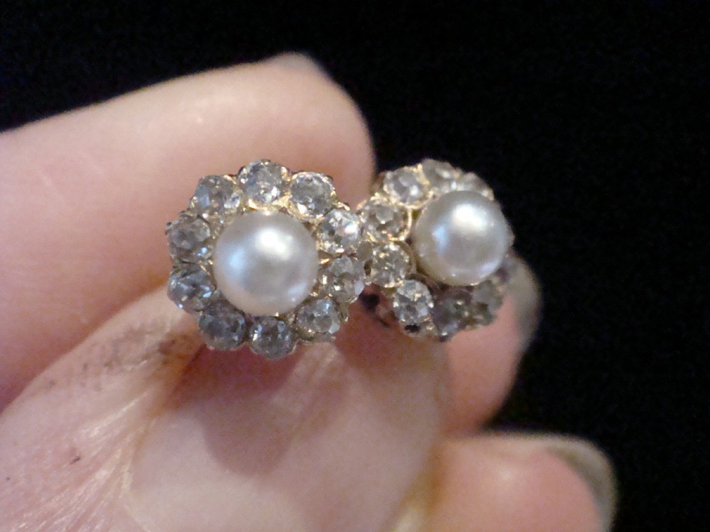 ORIGINAL EDWARDIAN 18CT YELLOW GOLD OLD CUT DIAMOND PEARL CLUSTER EARRINGS View III