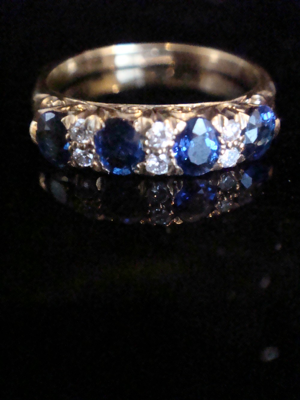 Edwardian 18ct yellow gold old cut diamond and natural sapphire 4 stone ring