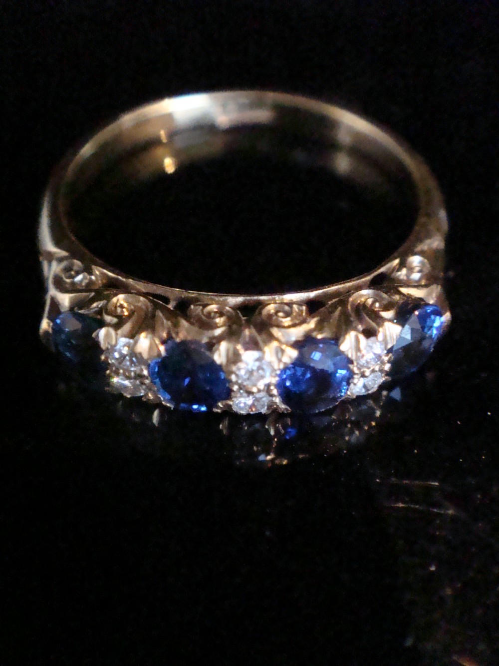 Edwardian 18ct yellow gold old cut diamond and natural sapphire 4 stone ring View II