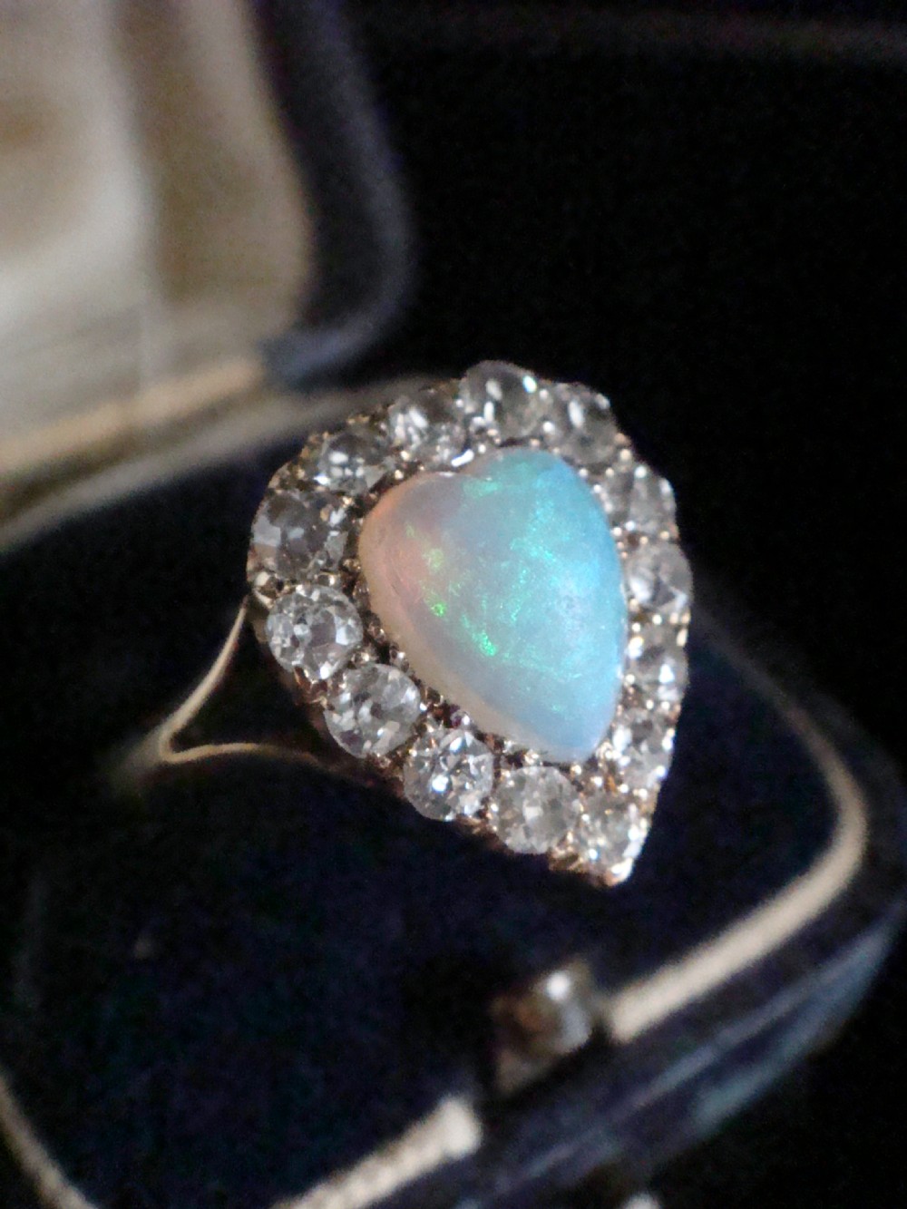 EDWARDIAN 18CT PLATINUM OLD CUT DIAMOND NATURAL OPAL HEART HALO CLUSTER RING View II