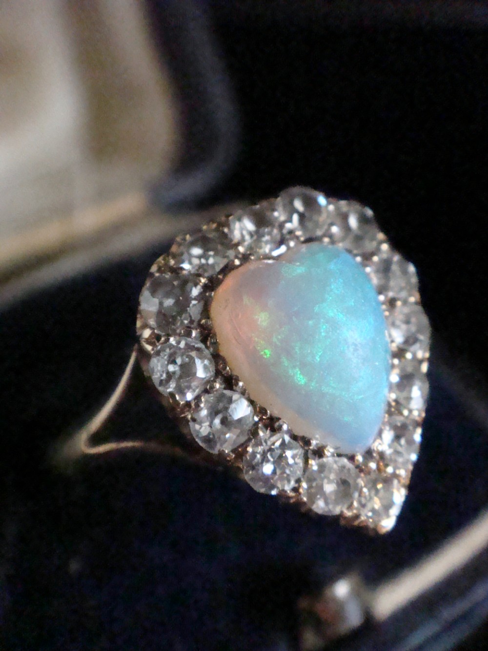 EDWARDIAN 18CT PLATINUM OLD CUT DIAMOND NATURAL OPAL HEART HALO CLUSTER RING View III