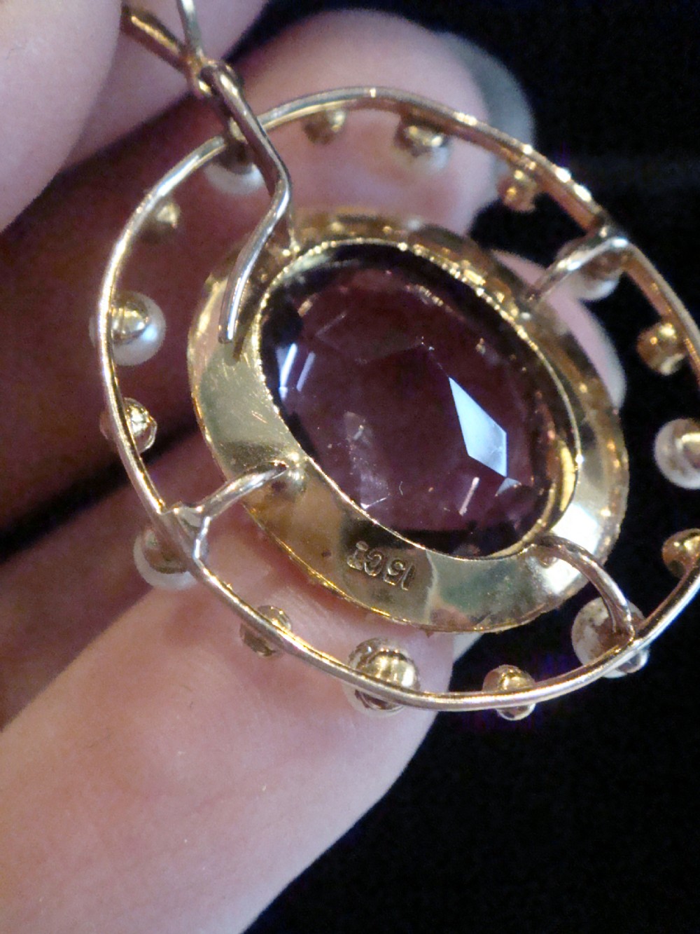 Antique large Edwardian 15ct yellow gold amethyst seed pearl pendant
 View III