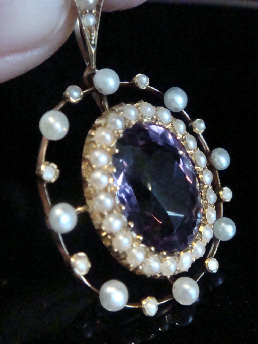 Antique large Edwardian 15ct yellow gold amethyst seed pearl pendant
 View IV