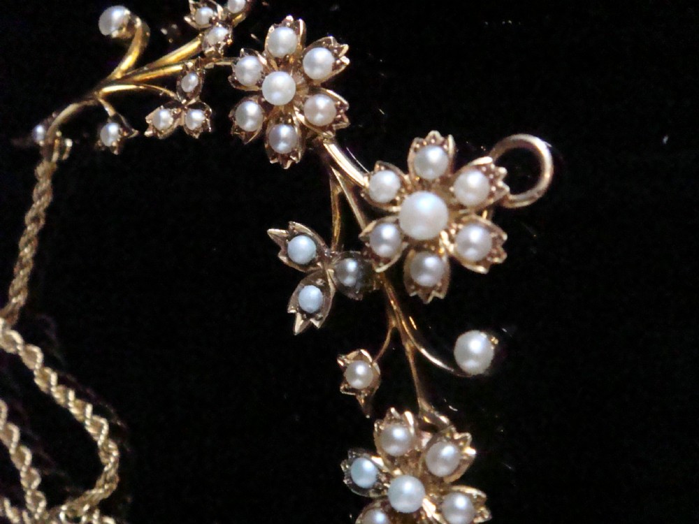 Victorian 15ct yellow gold seed pearl lavaliere necklace allowing drop pendant View II