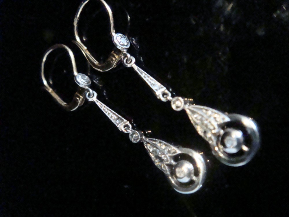 FRENCH EDWARDIAN 18CT YELLOW GOLD PLATINUM ROSE CUT DIAMOND DROP EARRINGS