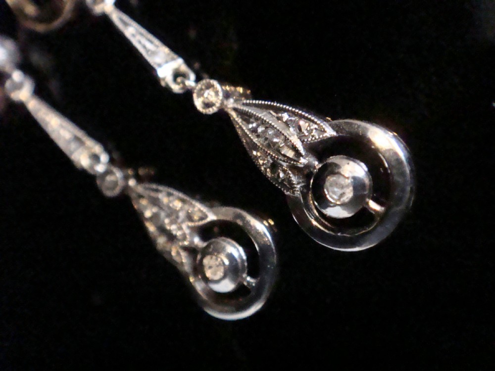 FRENCH EDWARDIAN 18CT YELLOW GOLD PLATINUM ROSE CUT DIAMOND DROP EARRINGS View II