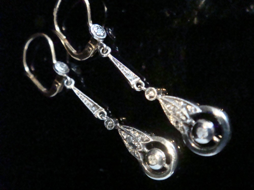 FRENCH EDWARDIAN 18CT YELLOW GOLD PLATINUM ROSE CUT DIAMOND DROP EARRINGS View III